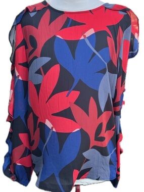 LOFT Outlet Red, Blue & Black Abstract Leaf Blouse Ruffle Sleeves